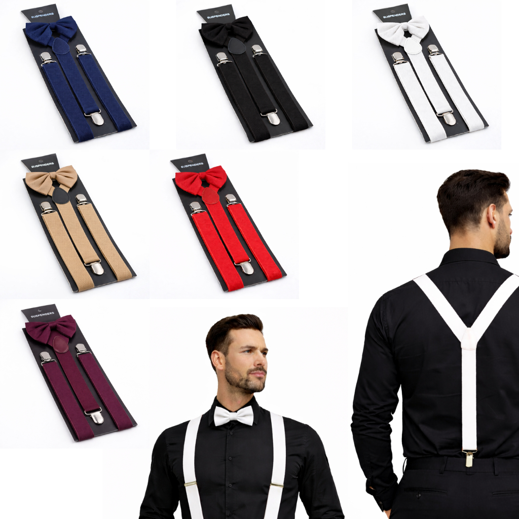 Kit Suspensório + Gravata Borboleta Unisex Ajustável Festa Elegante Carnaval Fantasía Estiloso