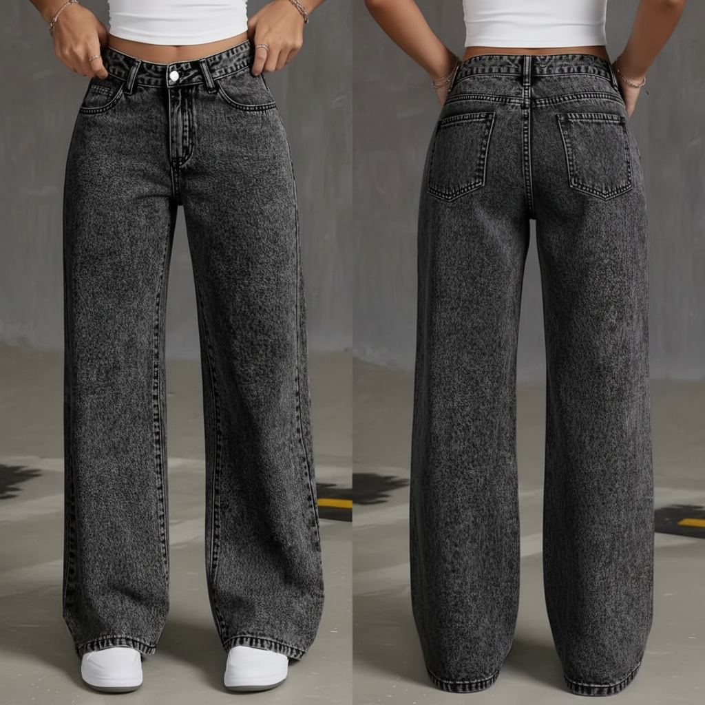 Calça Jeans feminina Wide Leg Marmorizada Pantalona boca larga - cintura alta premium