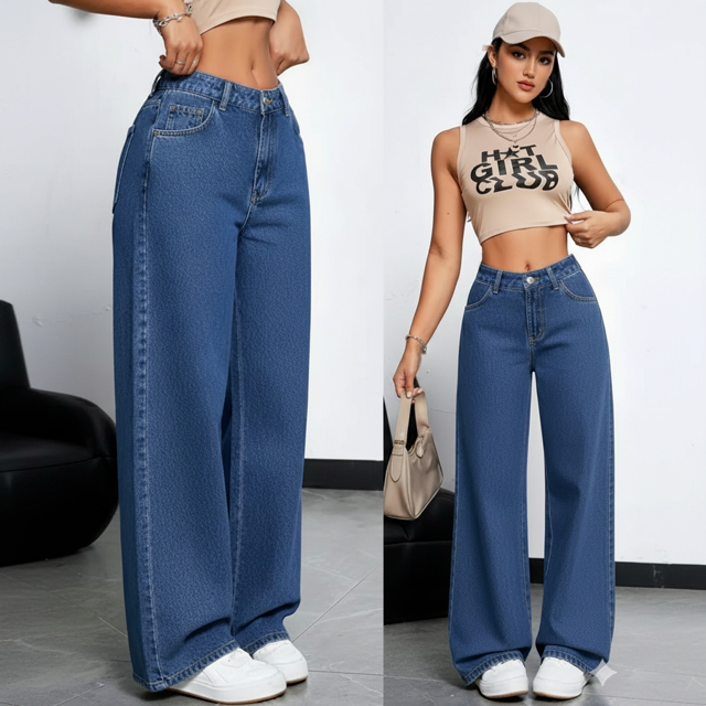 Calça Jeans Feminina Wide Leg Marmorizada Cintura Alta Sem Lycra em Oferta na Shopee