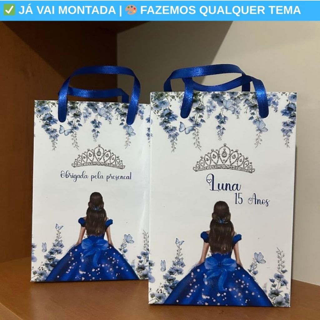 Sacolinha Surpresa Personalizada XV Anos 15 Anos Azul Royal Flor Lembrancinha Aniversario 17x10x4
