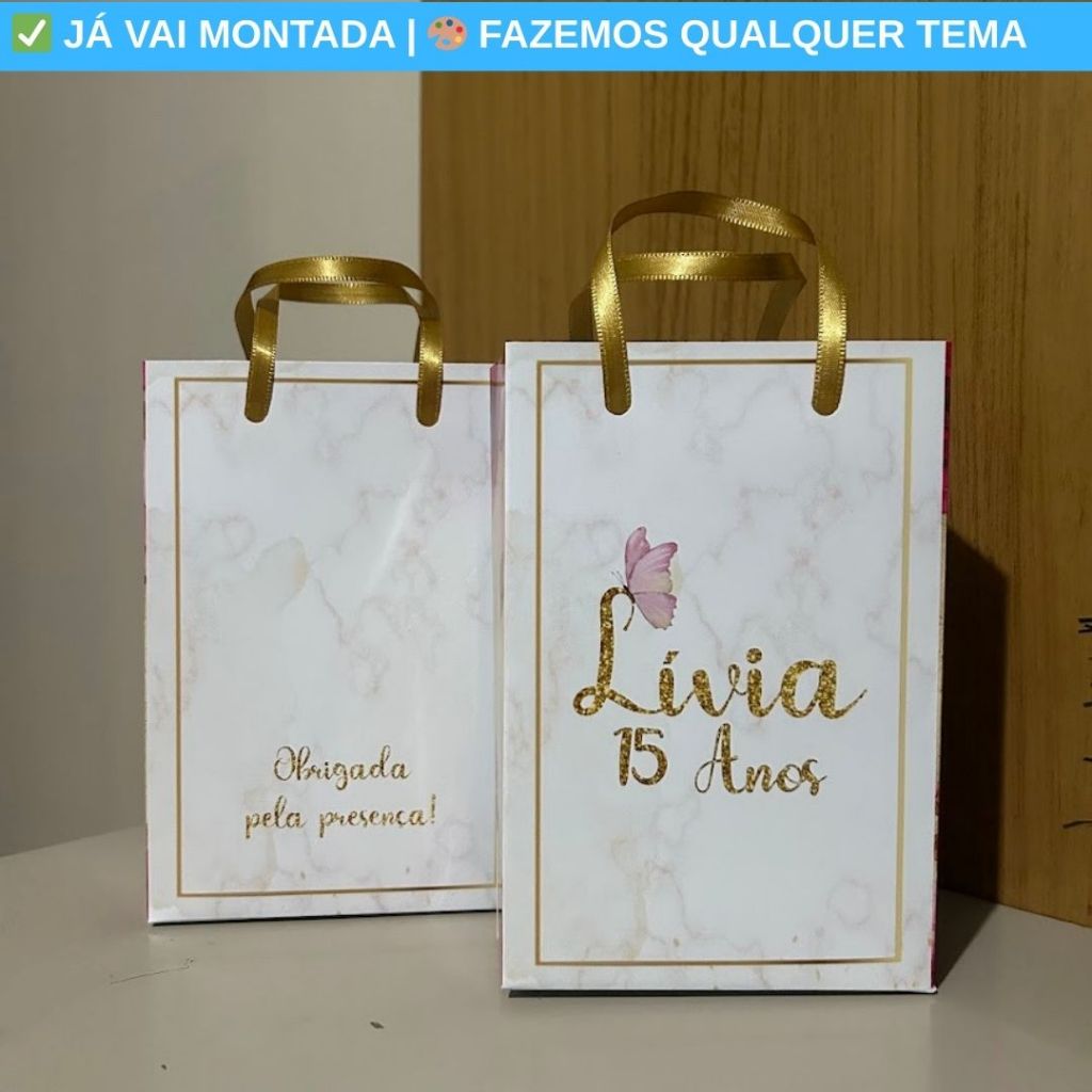 Sacolinha Surpresa Personalizada XV Anos 15 Anos Rosas Vermelho e Dourado Lembrancinha Festa 17x10x4