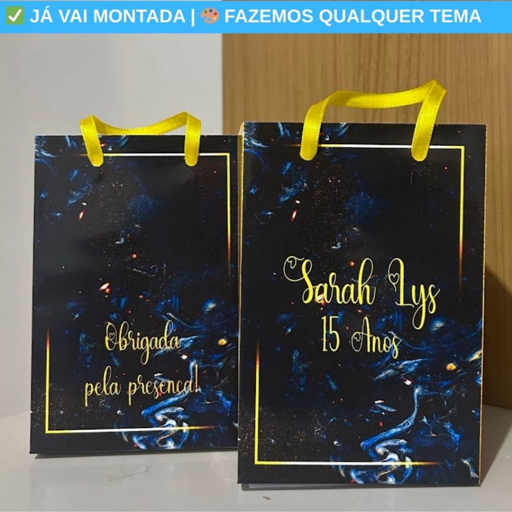 Sacolinha Surpresa Personalizada XV Anos 15 Anos Amarelo e Azul Royal Lembrancinha Festa 17x10x4
