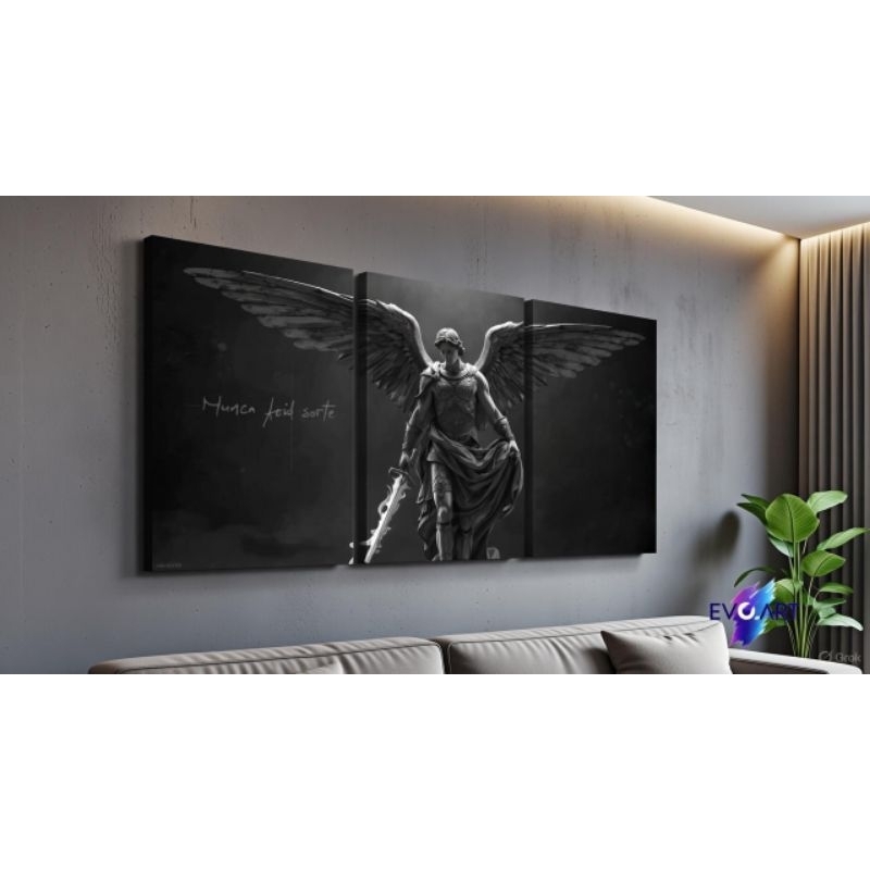 Quadro Decorativo São Arcanjo Miguel Preto Luxo 3 Peças Religioso Proteção Sala Altar EvoArt