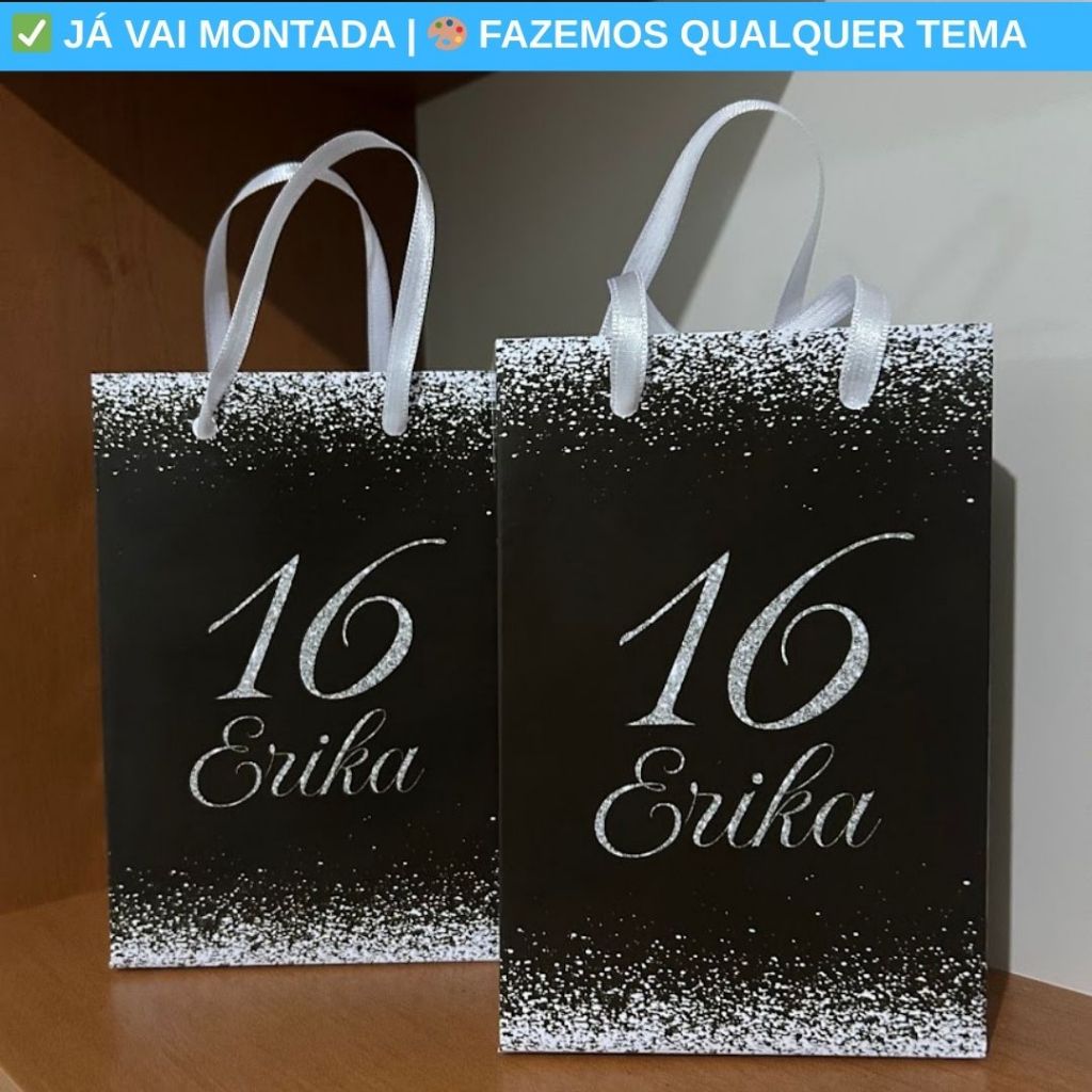 Sacolinha Surpresa Personalizada XV Anos 15 Anos Prata e Preto Lembrancinha Festa Menina 17x10x4