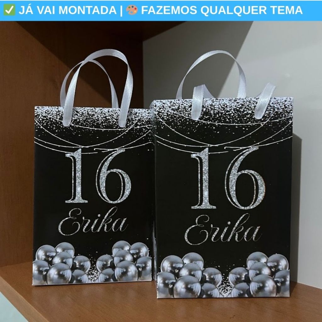 Sacolinha Surpresa Personalizada XV Anos 15 Anos Preto e Prata e Balões Lembrancinha Festa 17x10x4