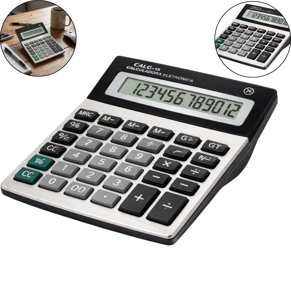 Calculadora Eletrônica 12 Dígitos Visor Grande Teclas Macias Bateria Escritório Estudantil