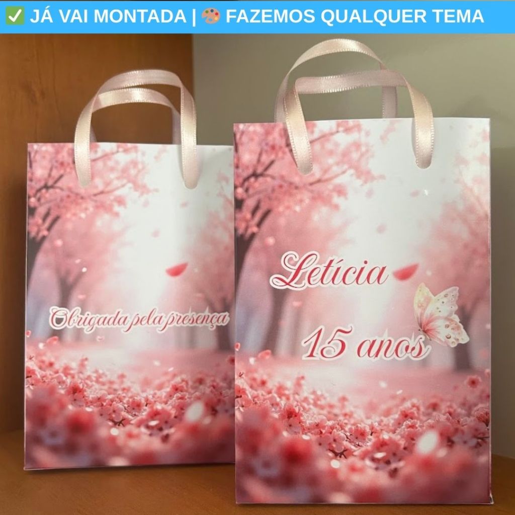 Sacolinha Surpresa Personalizada XV Anos 15 Anos Flores Rosa Rose Gold Lembrancinha Festa 17x10x4