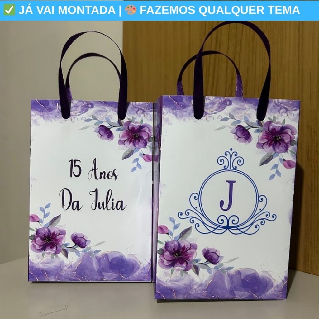 Sacolinha Surpresa Personalizada XV Anos 15 Anos Flores Roxo Lembrancinha Festa Menina 17x10x4