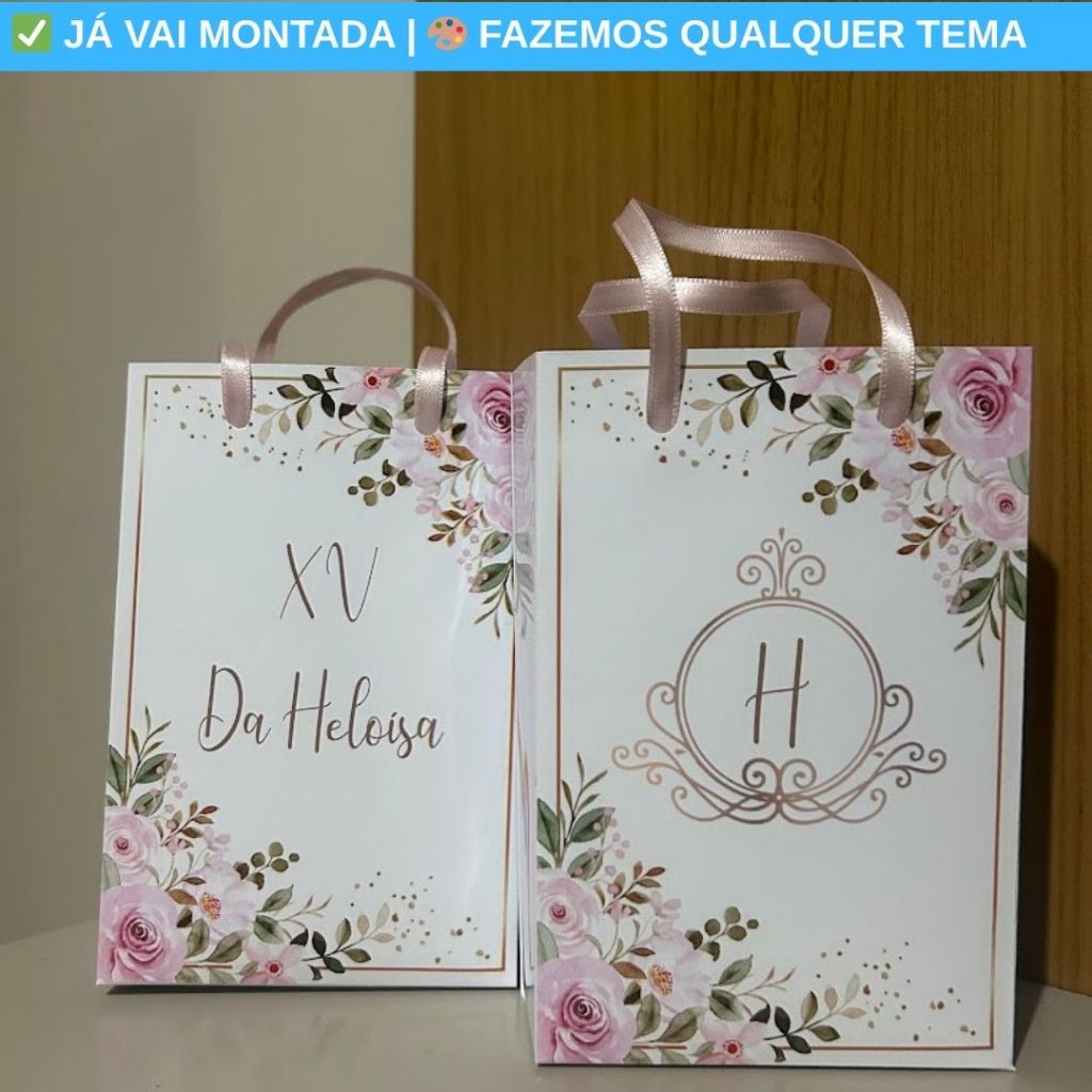 Sacolinha Surpresa Personalizada XV Anos 15 Anos Flores Lilas e Rosa Lembrancinha Festa 17x10x4