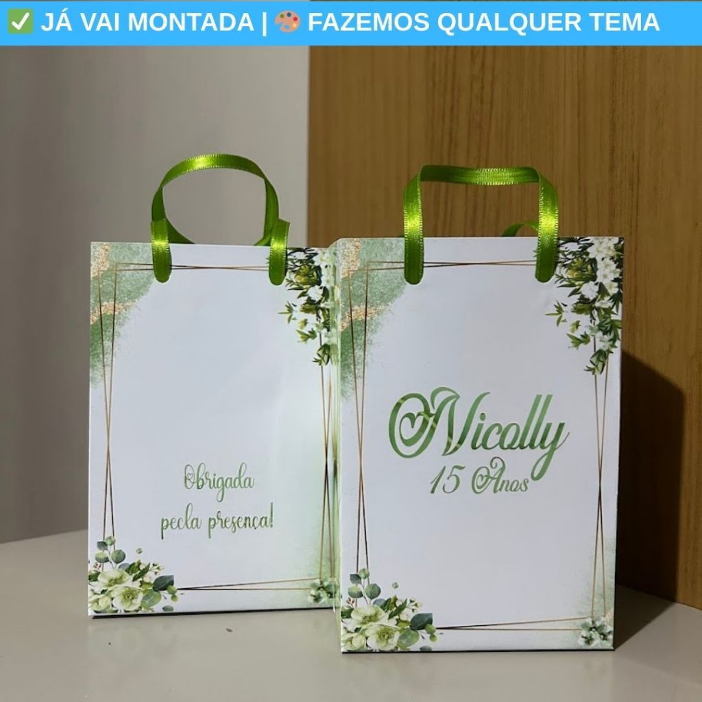 Sacolinha Surpresa Personalizada XV Anos 15 Anos Verde e Dourado Lembrancinha Festa Menina 17x10x4