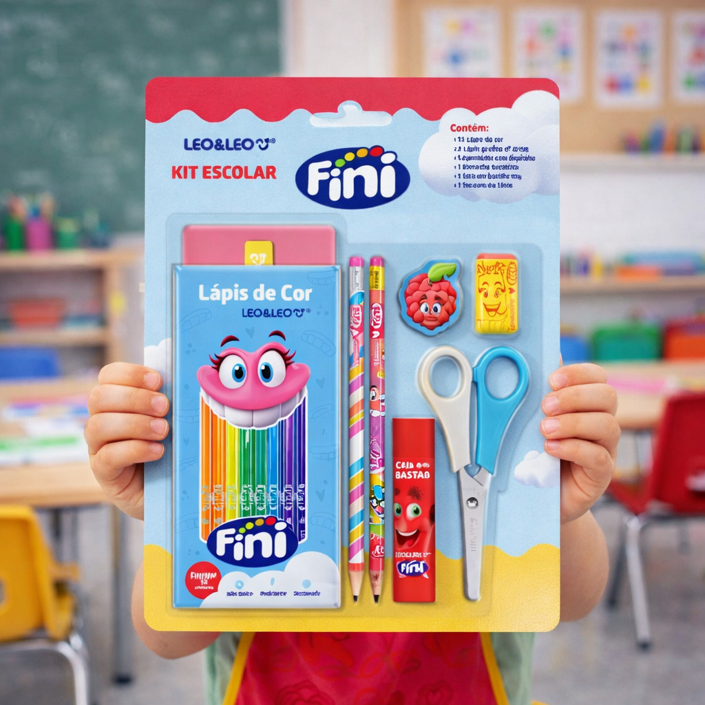 Kit Lápis de Cor 12 Cores Fini, 2 Lápis,  Apontador,  Borracha, Cola, Tesoura Material Escolar em Oferta na Shopee