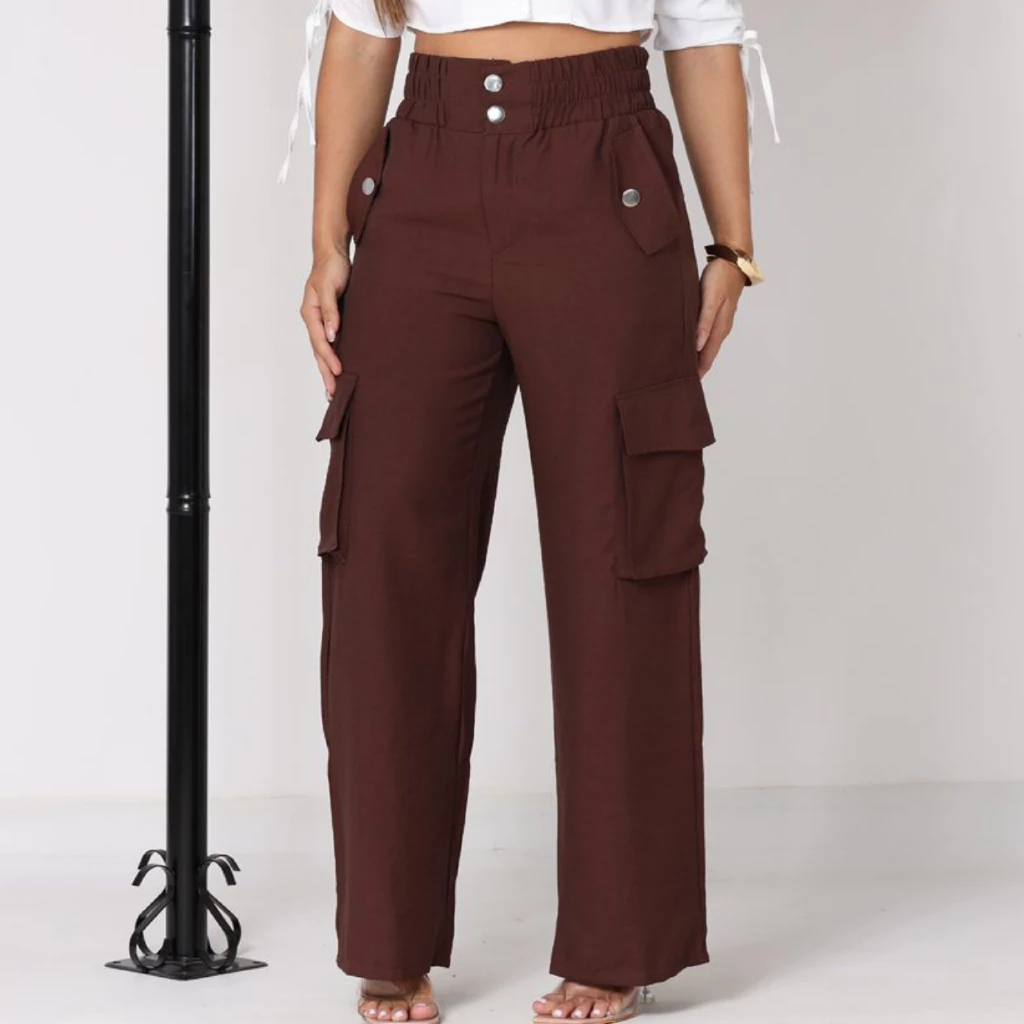 Calca Alfaiataria Wide Leg Feminina Cargo Pantalona Cintura Alta