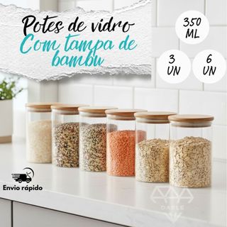 Kit 3 E 6 Potes De Vidro Herméticos Condimentos 350 ML Com Tampa De Bambu