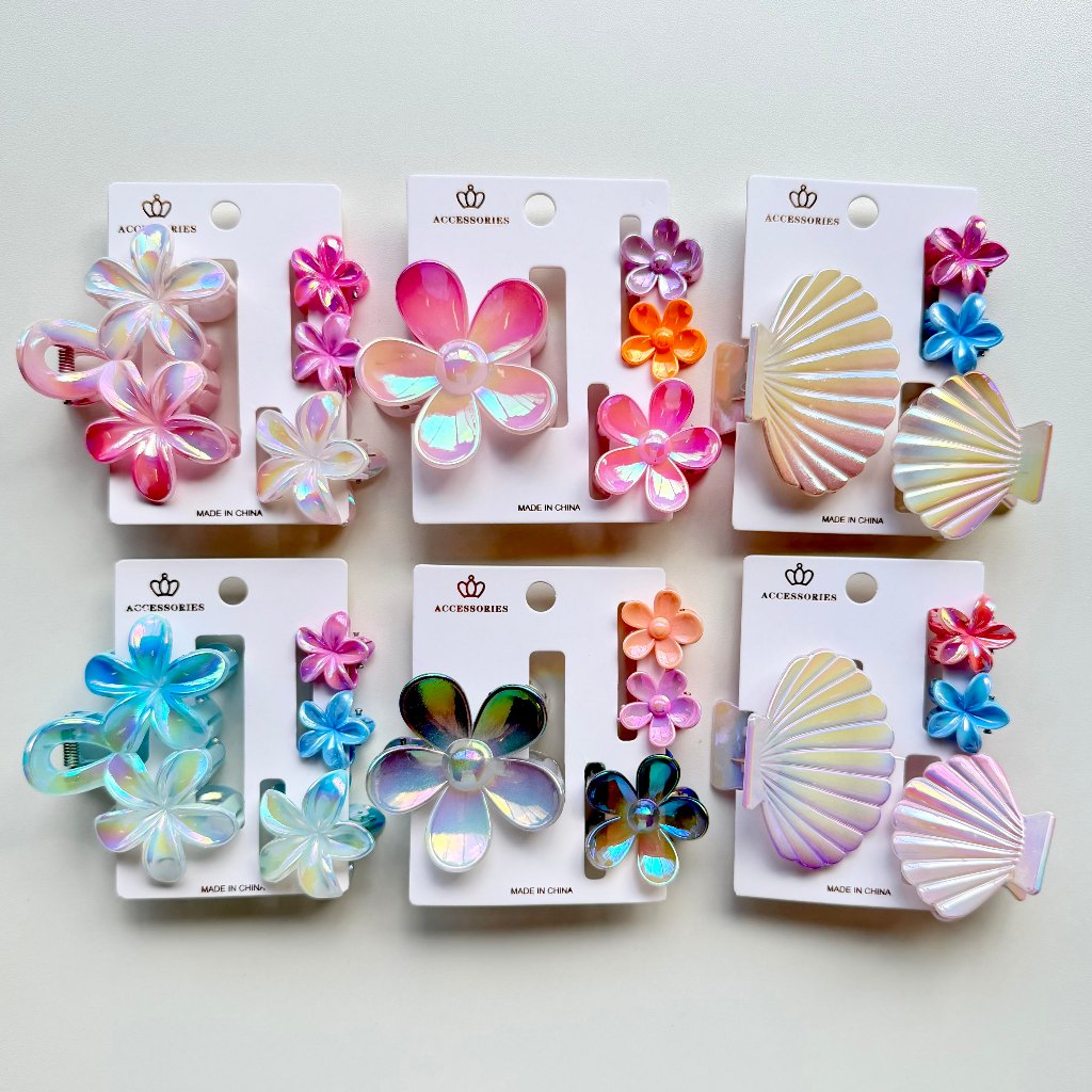 Kit de Presilhas de cabelo para Meninas Flores e Conchas Iridescentes - Conjunto de 4