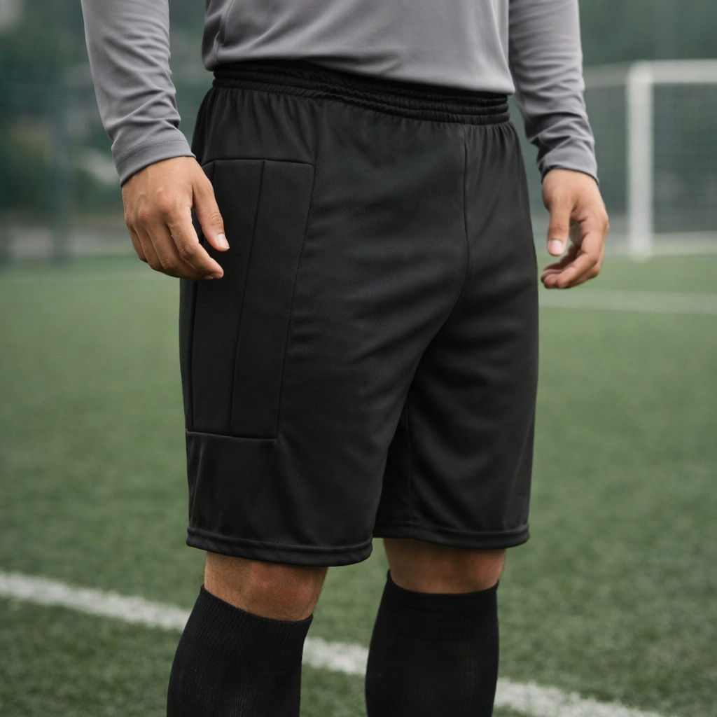 Kit bermuda goleiro meião futebol proteção campo society futsal preto short calção adulto masculino