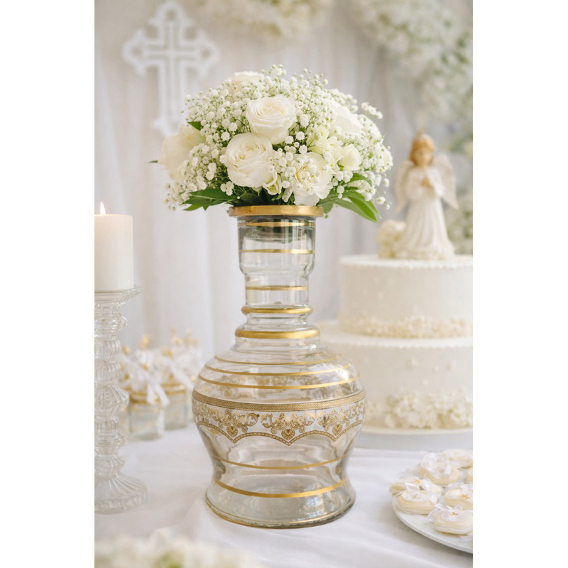 Vaso de Vidro Decorativo com Detalhes Branco com Dourados – Estilo Clássico e Sofisticado