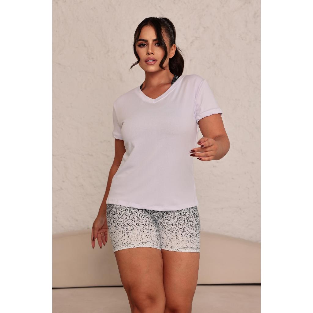 Blusa Esportiva Feminina Suplex com Elastano Manga Curta Decote V Confortável Academia
