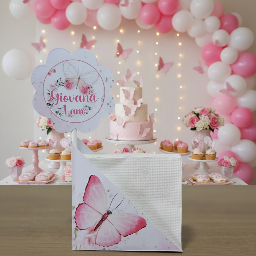 Centro de Mesa Porta Guardanapo Jardim das Borboletas Personalizado Enfeite Festa Aniversário Chá Infantil