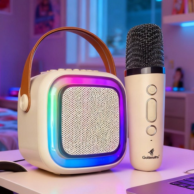 Caixa De Som Com Microfone Alto-Falante Karaokê sem fio Bluetooth Portátil branco