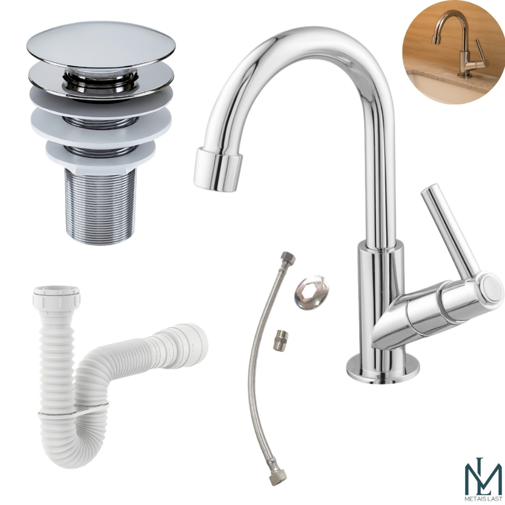Kit de Banheiro em ABS- Torneira Bancada+ Ralo Válvula click 7/8 Cromado + Sifão + Engate 40CM