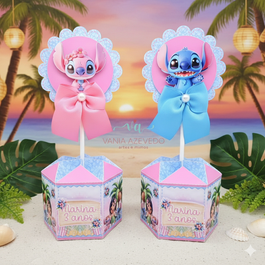 Kit de Centro de Mesa Lilo Stitch Personalizados | Arranjo Enfeite Cachepô | Lembrancinhas