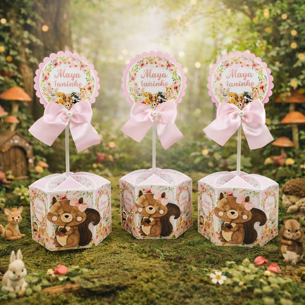 Kit de Centro de Mesa Bosque Encantado Personalizados | Arranjo Enfeite Cachepô | Lembrancinhas