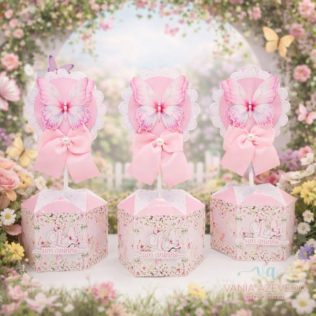 Kit de Centro de Mesa Jardim das Borboletas Rosa Personalizados | Arranjo Enfeite Cachepô | Lembrancinhas