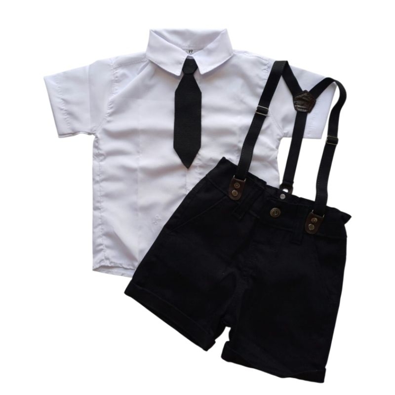 Conjunto infantil Social Menino Personagens Poderoso Chefinho Festa Aniversário Suspensório  Gravata Camisa