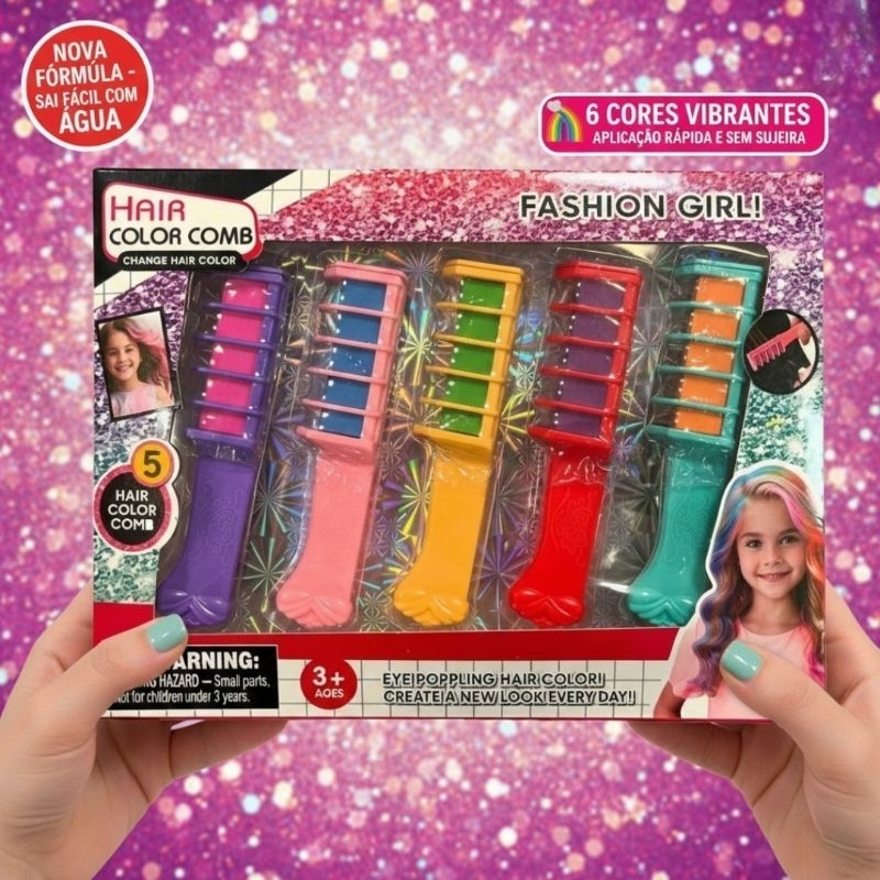 Kit 5 Pentes Giz para Pintar Cabelo Infantil Tinta Temporária Cores Vibrantes Lavável Prática com Pente Integrado Festas