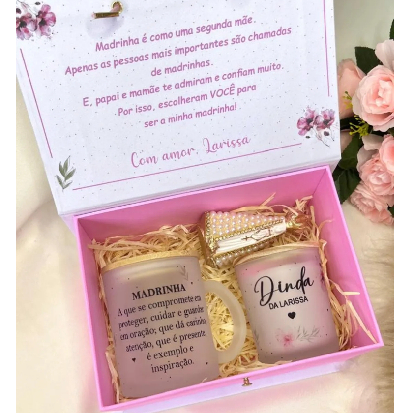 Kit de luxo - caixa/caneca e vela aromática vidro/imagem senhora aparecida/convite de padrinhos batizado/madrinha/dinda