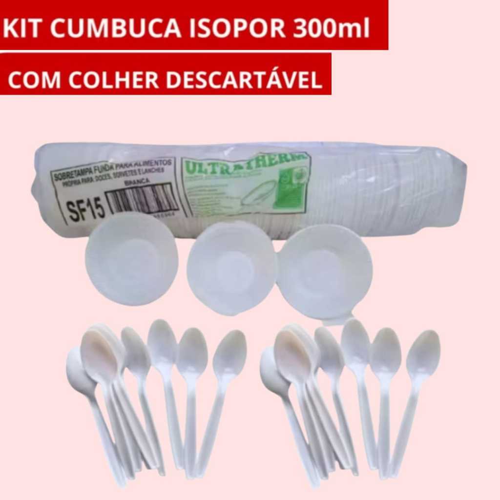 Cumbuca Isopor 300ml com Colher Descartável / Pote Isopor para Açaí, Sopas, Sorvetes e Sobremesas