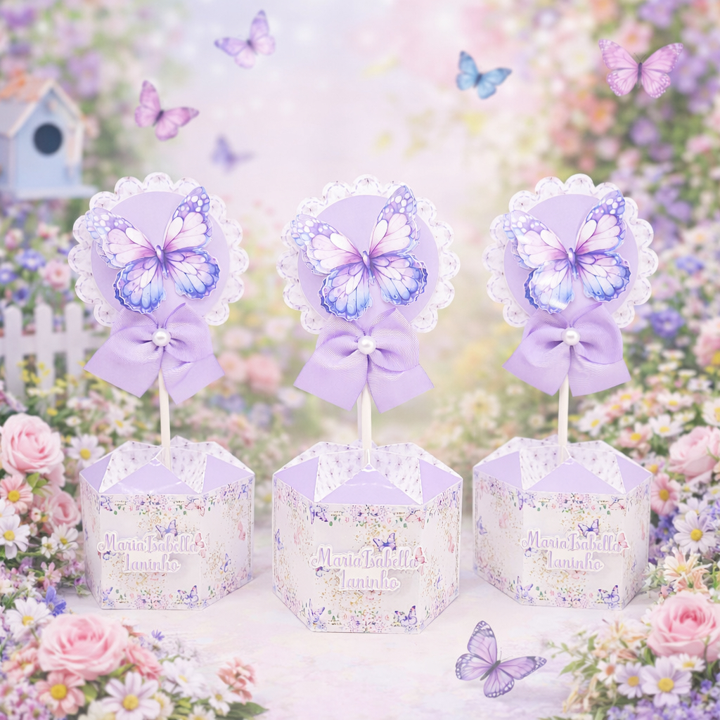Kit de Centro de Mesa Jardim das Borboletas Lilás Personalizados | Arranjo Enfeite Cachepô | Lembrancinhas