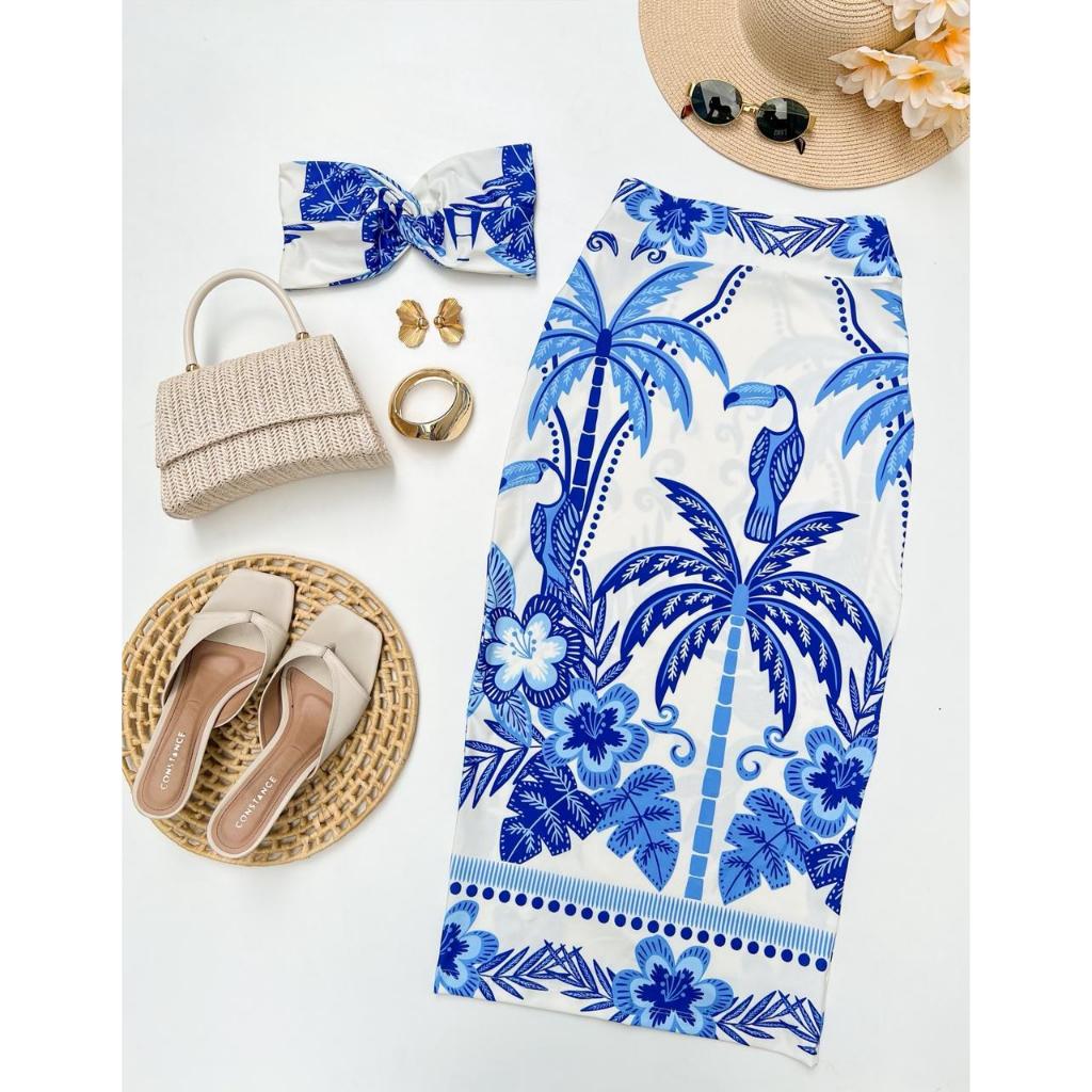 Conjunto Top e Saia Midi Estampado cropped tendência Moda blogueira Promoção