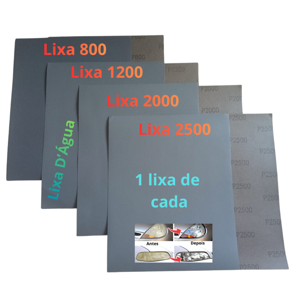Lixa Polimento D'água Kit 1 ou 2 Folhas de Cada Grão 800 1200 2000 2500 Farol Lixar Metal Plástico