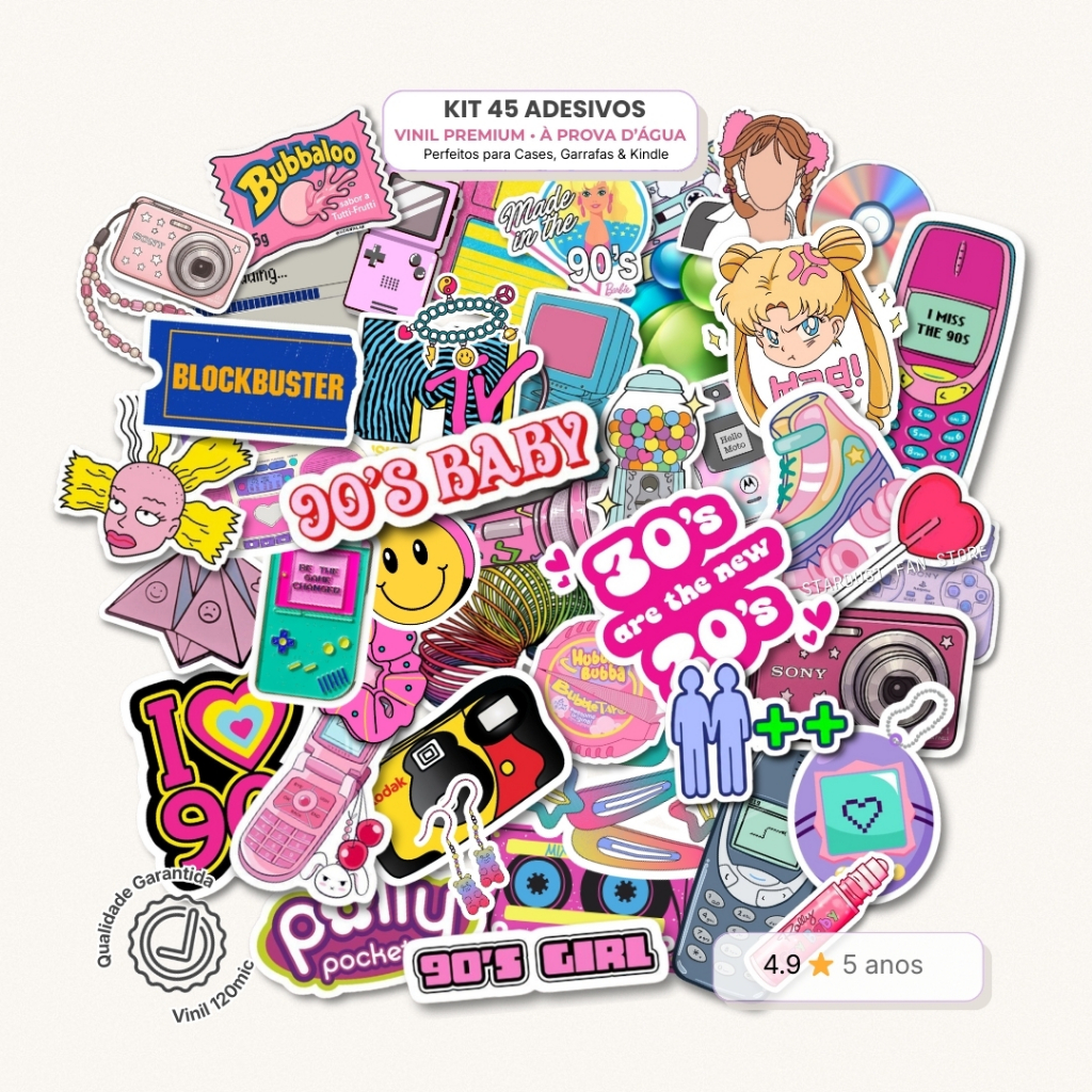 Kit 45 Adesivos Anos 90 – Stickers Vinil 90 2000 Papelaria Criativa Aesthetic Kindle Scrapbook