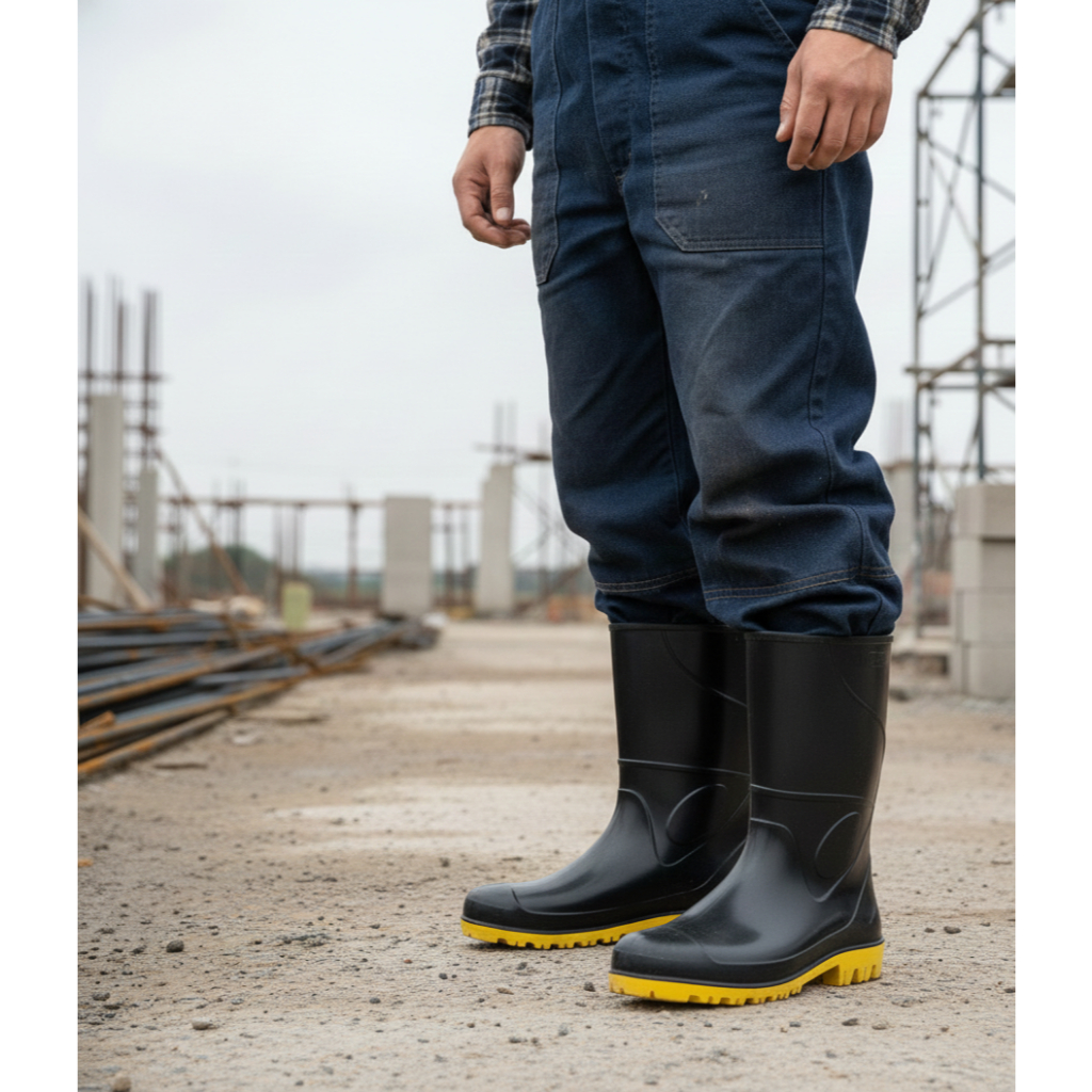 Bota PVC Segurança Cano Médio Preta Amarela - Antiderrapante Proteção Impermeável Trabalho
