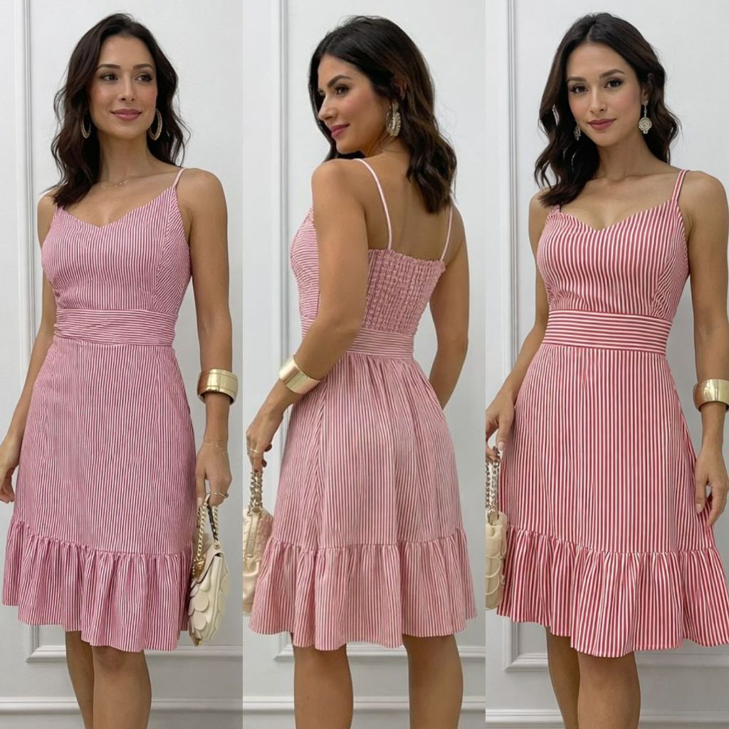 Vestido Curto Feminino com Reguladores nas Alças Listra Rosa Estampa Floral Liso Moda Verão em Oferta na Shopee