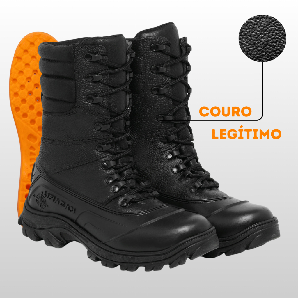 Bota Coturno Couro Legitimo Militar Resistente Confortavel Cano Alto Ziper Trilha Antiderrapante