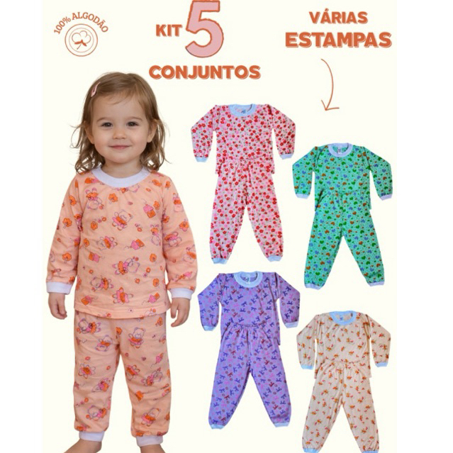 Kit 5 conjuntos de pijamas menina calça e camisa manga longa tecido 100% algodão estampas sortidas