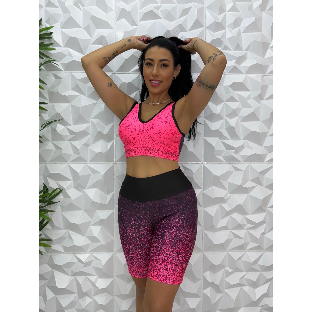 Conjunto Fitness Feminino Academia Bermuda short Degradê colorido com Top Alças Largas Promoção
