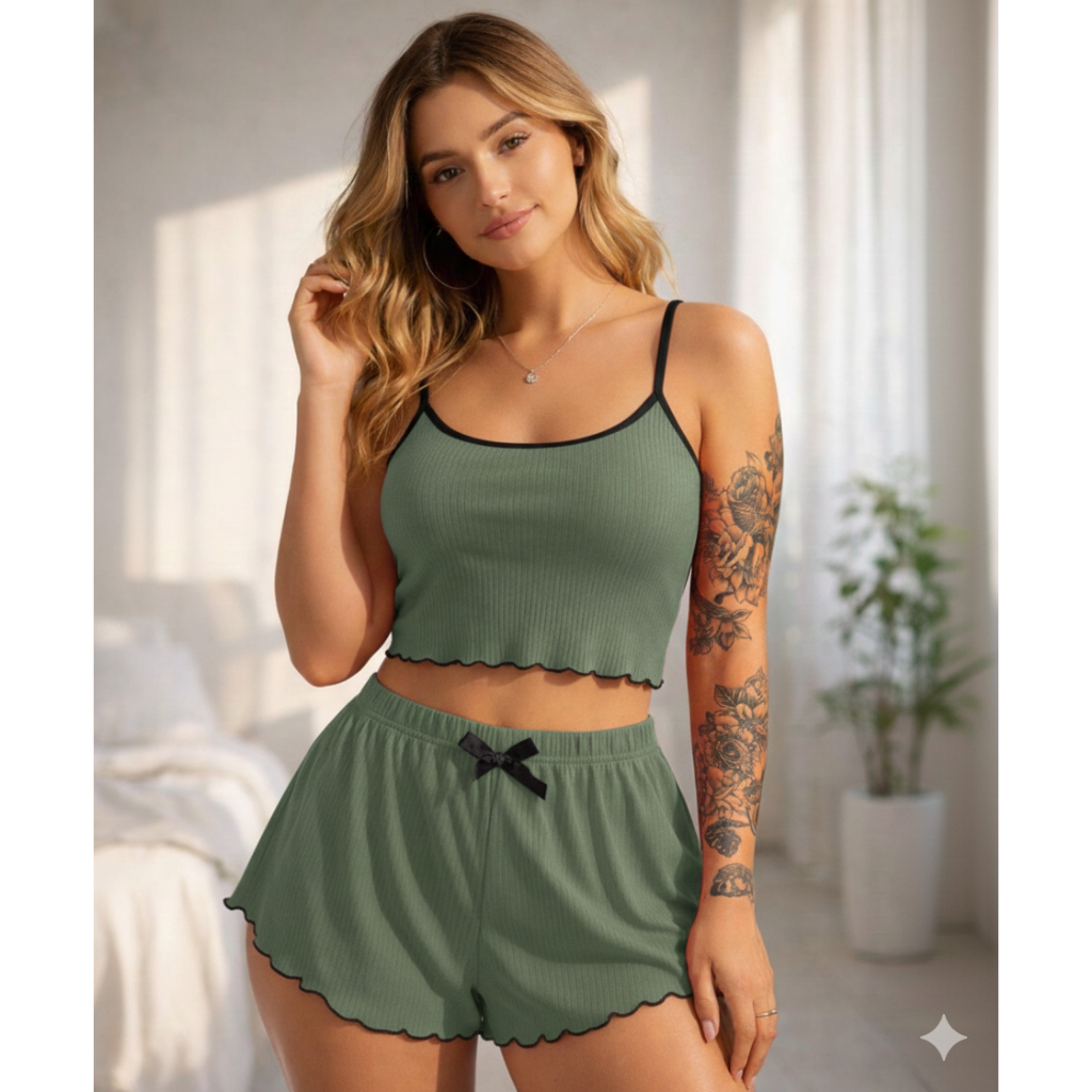 Pijama Baby doll Verde branco vermelho preto bege alça verão short doll blogueirinha em Oferta na Shopee