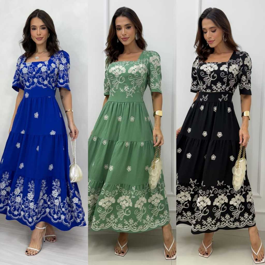 Vestido Luxo Midi Duna Bordado Manga Princesa com Botões 100% algodão em Oferta na Shopee