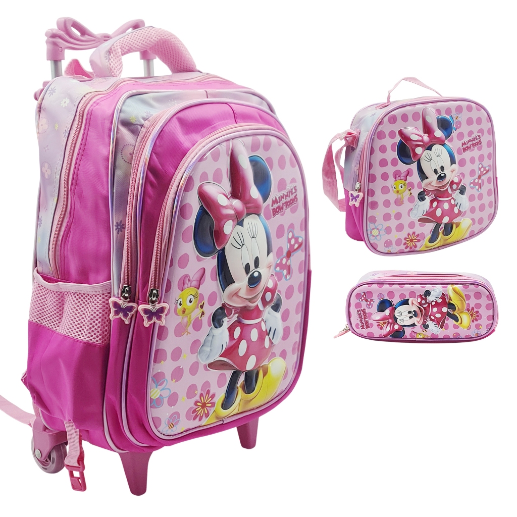 Mochila Escolar Infantil 3D Carrinho Kit Com Estojo Lancheira Térmica Impermeável Rodinhas 3 Peças - Menina Minnie