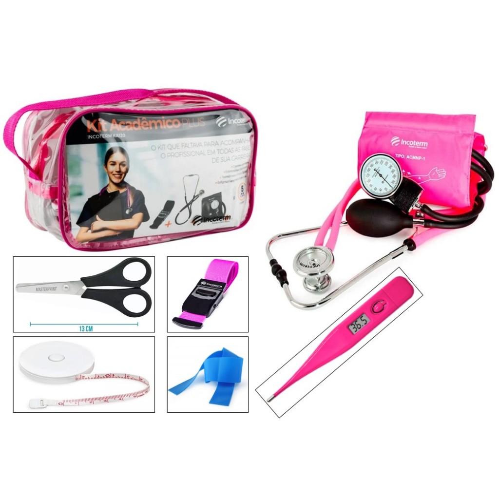 Kit Enfermagem Esfigmo + Estetoscópio  + Termômetro + Garrote + Diário Enfermagem + Bolsa