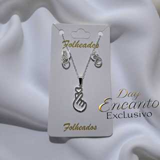 Kit Conjunto Colar e Brincos Gesto Coração Coreano Folheado a Prata 925 e Ouro 18K em Oferta na Shopee