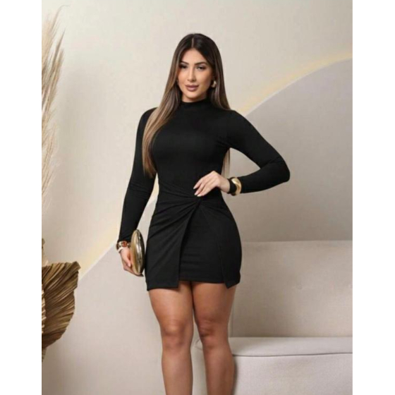 VESTIDO MANGA LONGA COM SAIA DE NÓ E GOLA ALTA – SUPLEX (SEM BOJO) em Oferta na Shopee
