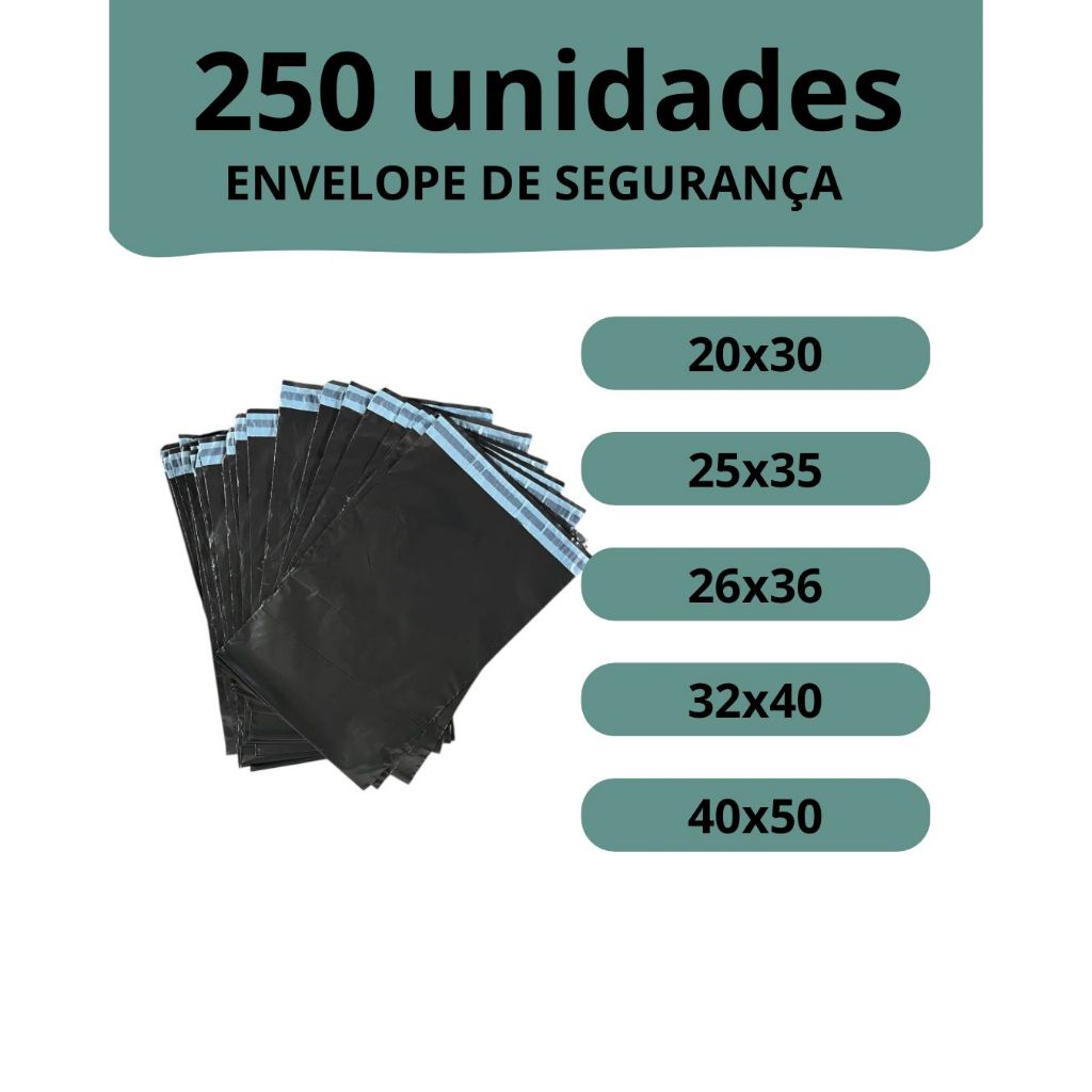 Kit 250 unidades Envelope de Segurança Saco de envio Preto Embalagem para E-commerce Shopee/ Correios 20x30 26x36 30x40