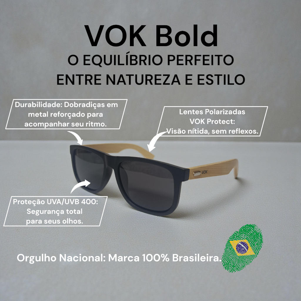 Óculos de Sol VOK Bold Original Polarizado Masculino/Feminino – Proteção UV400 e Hastes de Bambu
