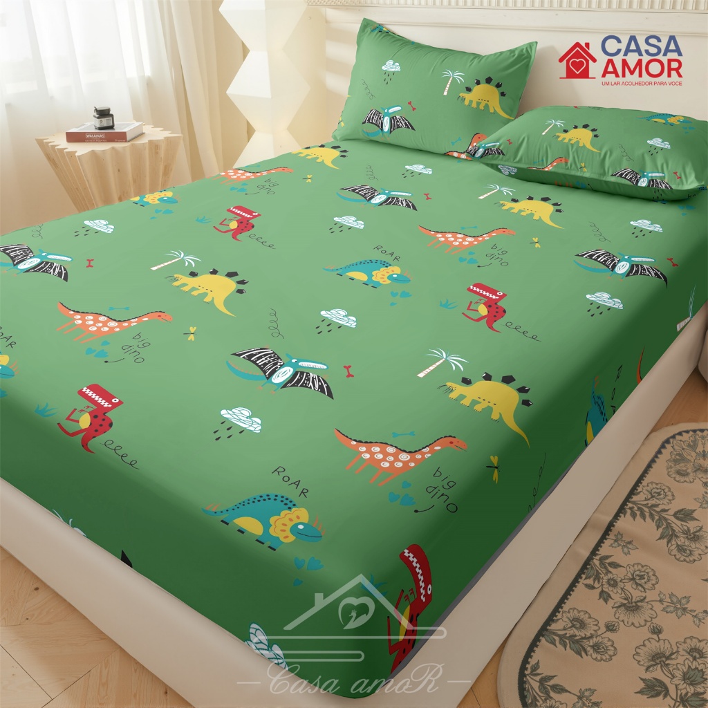 Jogo De Lençol Dinossauro 03 Peças SOLTEIRO/ CASAL/ QUEEN Micro percal  Estampado em Oferta na Shopee