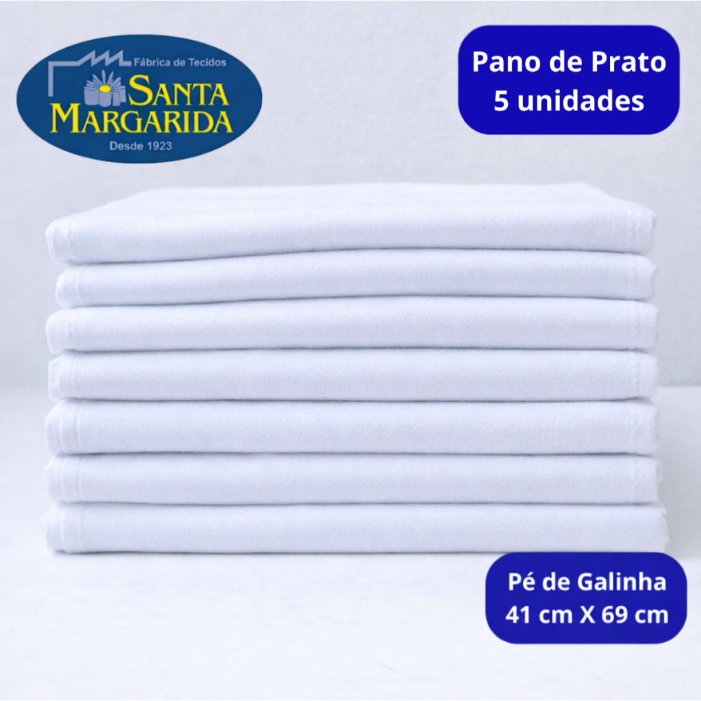 Kit 5 Pano de Prato Pé de Galinha Santa Margarida Oferta Liso Grande Grosso Branco Oferta